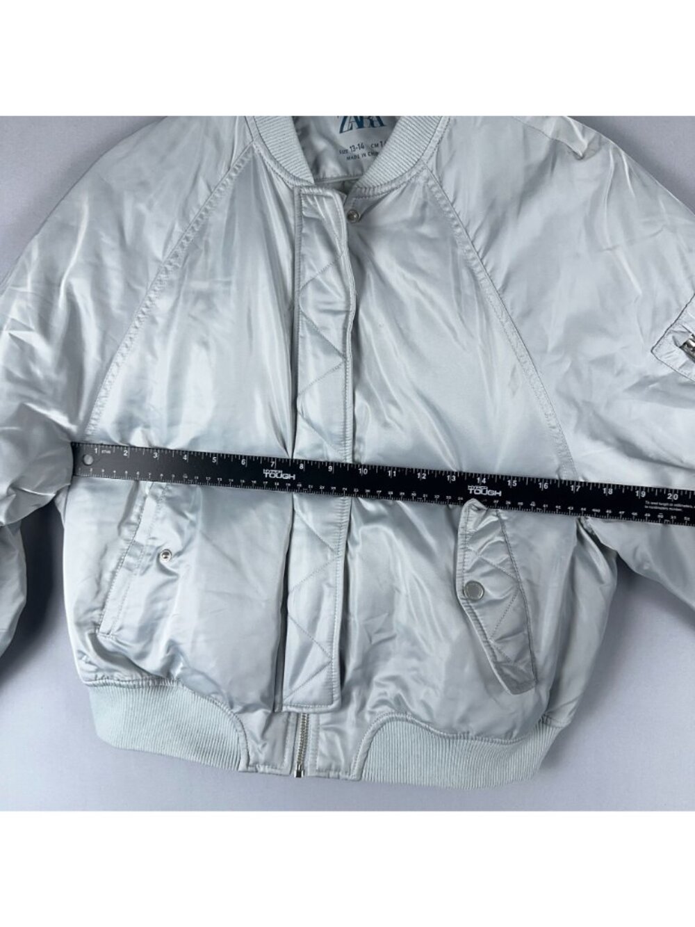 Zara Bomber Jacket Kids Size 13-14 Silver Zipper Utility Pocket Left Sleeve - Picture 7 of 11
